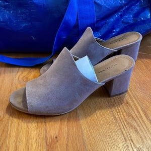 dusty pink suede mule heels